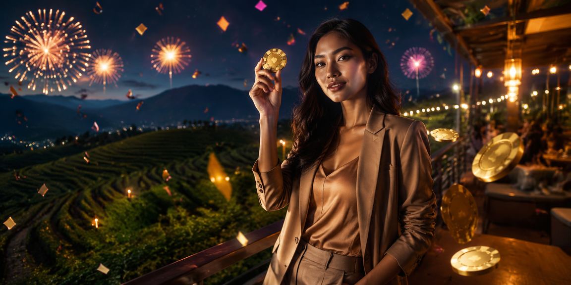 Suasana festival meriah dengan cahaya warna-warni dan hadiah bonus berlimpah