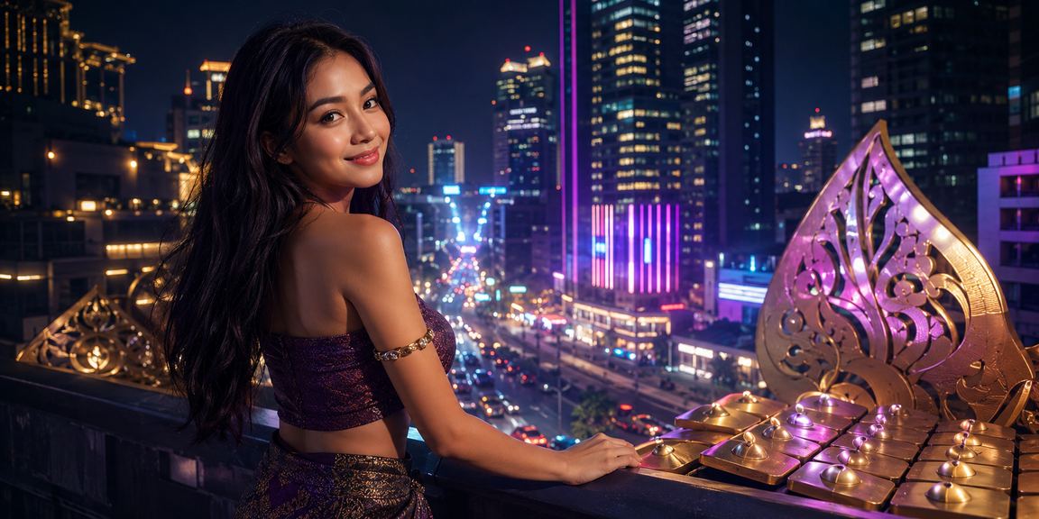 Lampu neon warna-warni di area hiburan casino dengan suasana malam yang meriah