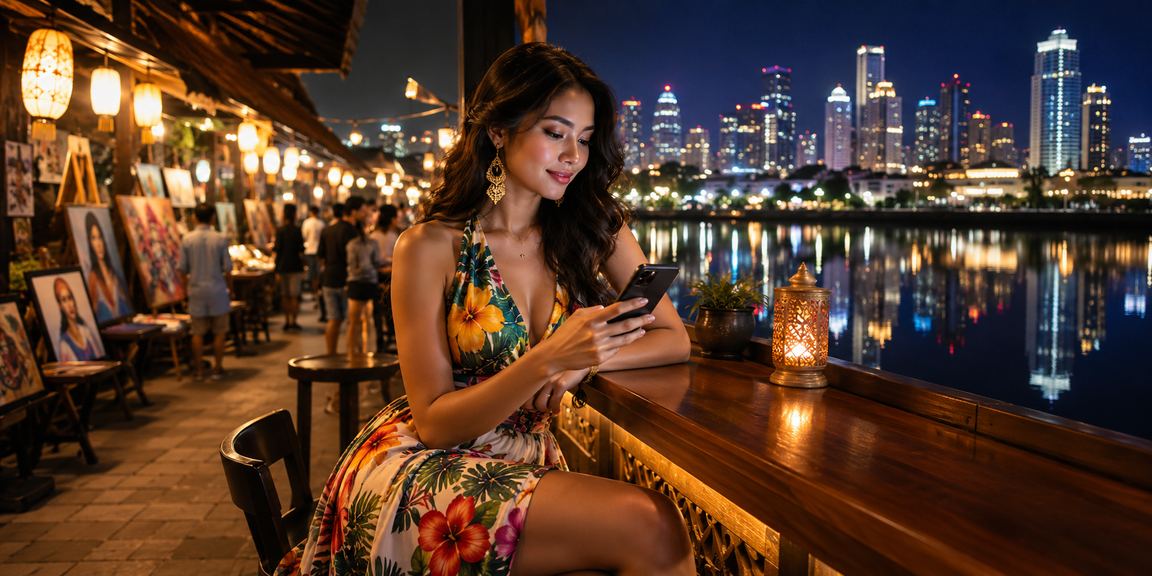 Suasana permainan casino mobile dengan lampu neon di malam hari