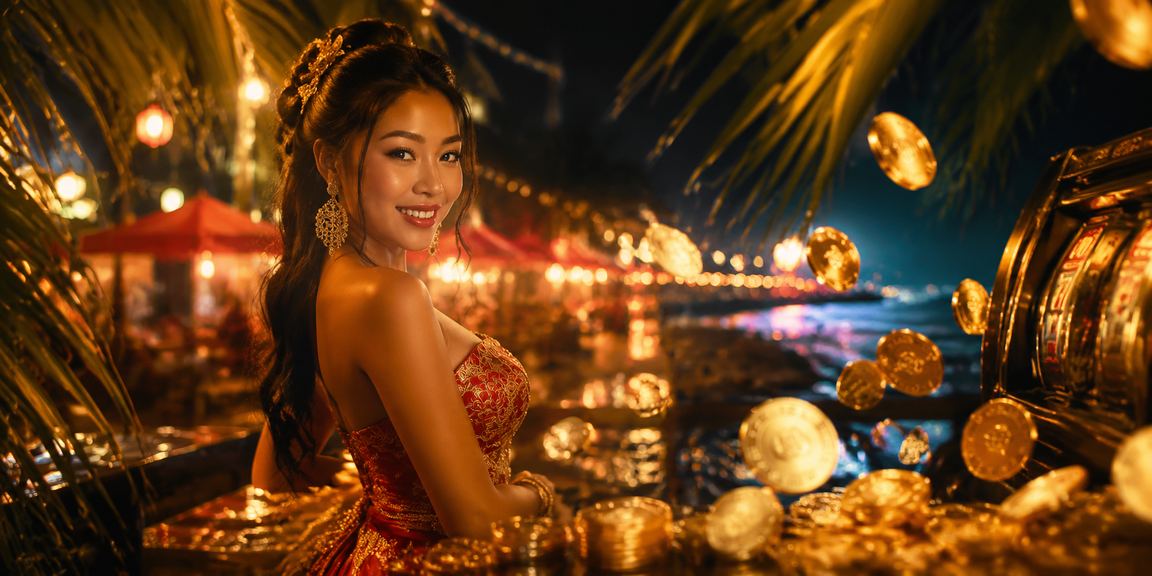 Layar permainan slot yang menyala di pasar malam dengan pengunjung yang antusias
